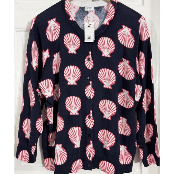 NEW Crown & Ivy Cardigan Sweater Size 3X Navy Blue Coral Sea Shell Pattern AOP - Picture 1 of 2